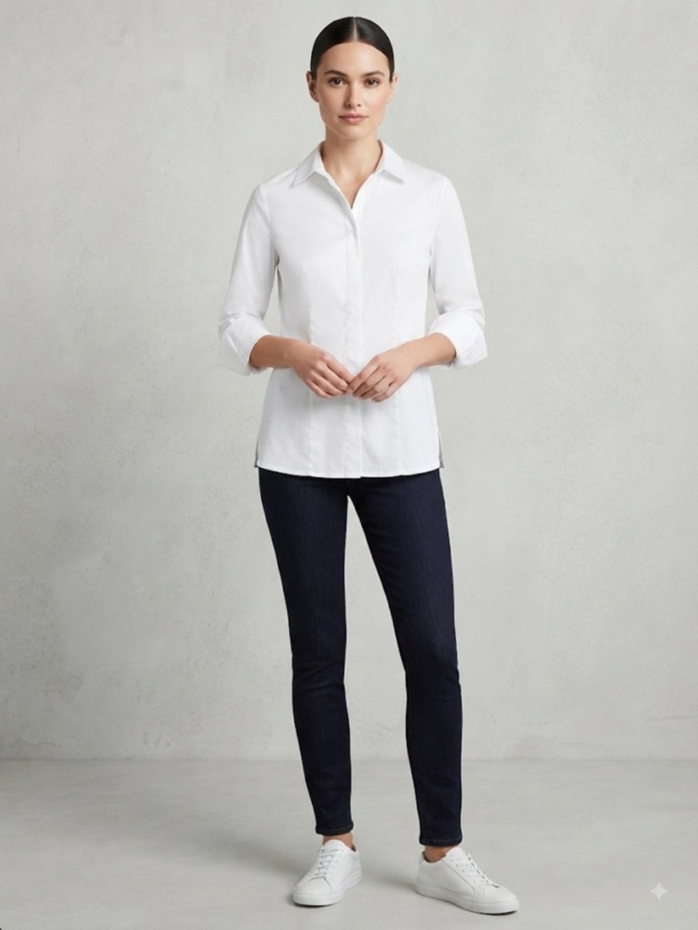 Chico's White No-Iron Cotton LS Button Down Tunic Shirt Size 2 (US 12/14)